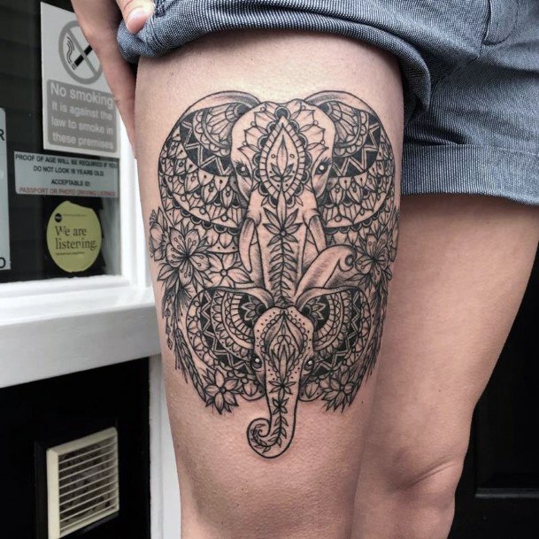 Decorated Elephant Tattoo Womens Thighs