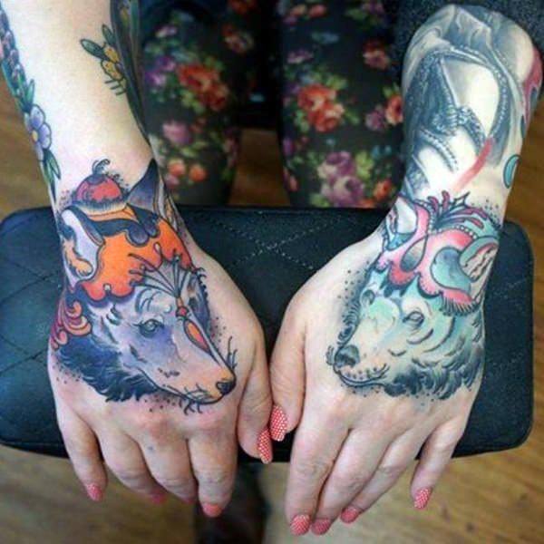 Decorated Wolf Tattoo Womens Arms