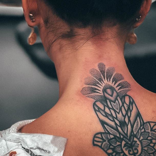 Decorative Back Of Neck Tattoo On Female