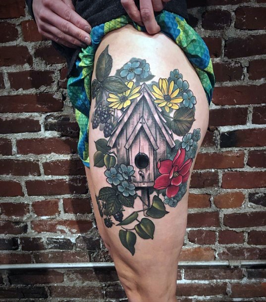 Decorative Birdhouse Tattoo On Female