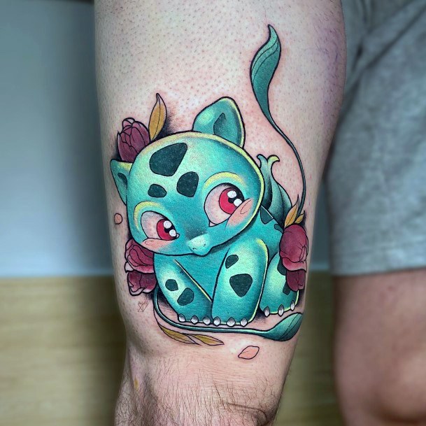 Decorative Bulbasaur Tattoo On Female