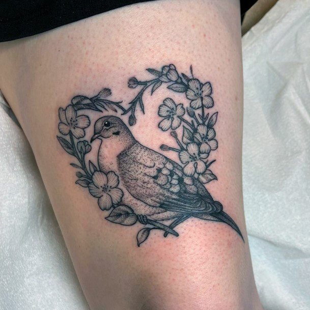 Decorative Dove And Flowers Tattoo For Women