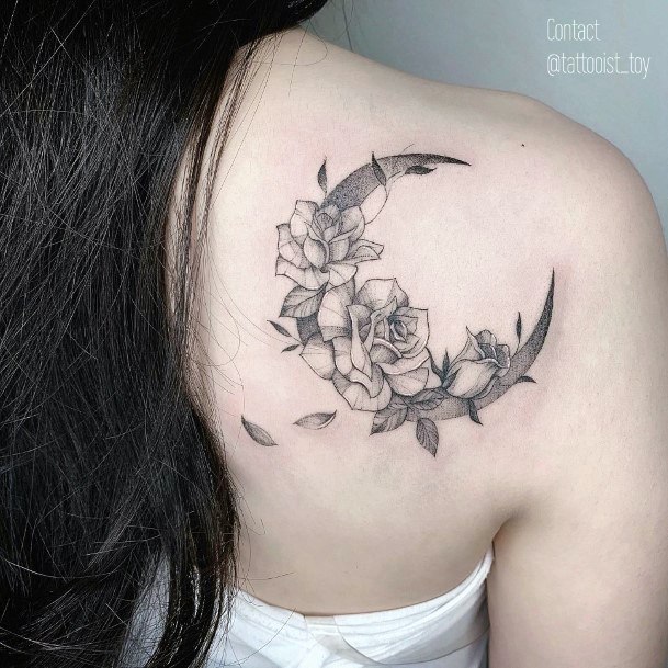 Decorative Flower Moon Tattoo On Female