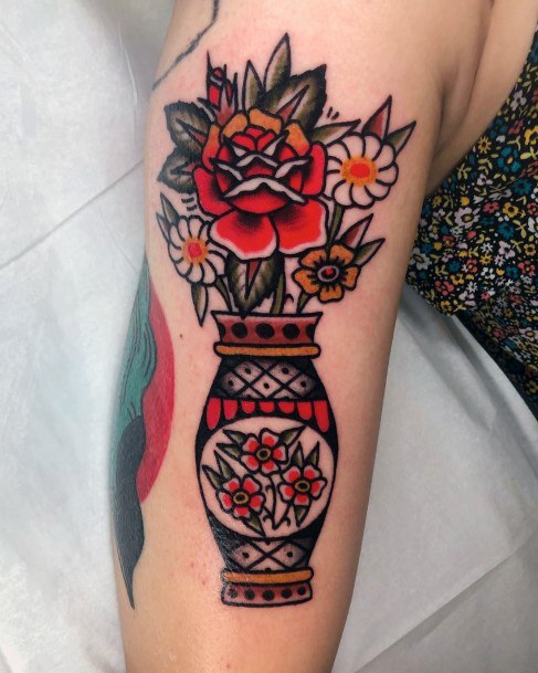 Decorative Flower Vase Tattoo On Female