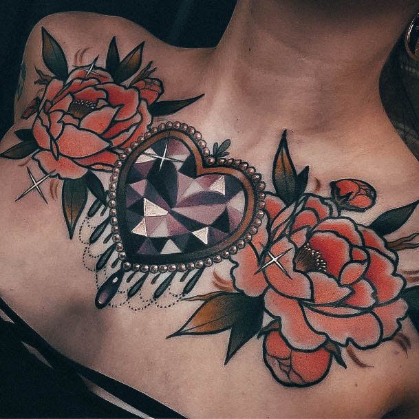 Decorative Girly Tattoo On Female Heart Gemstone With Traditional Flowers On Chest