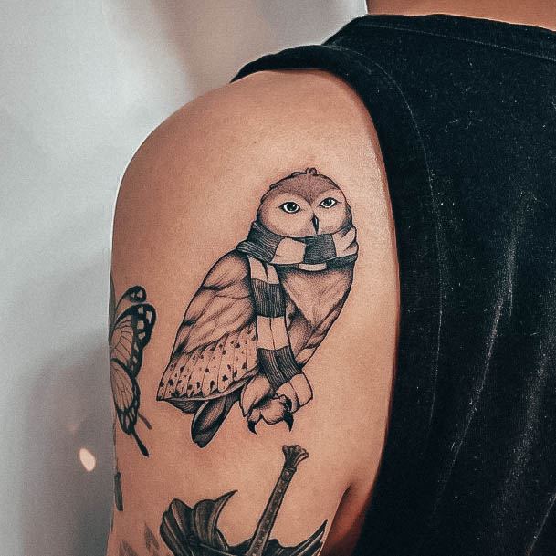 Decorative Harry Potter Tattoo On Female Owl With Scarf