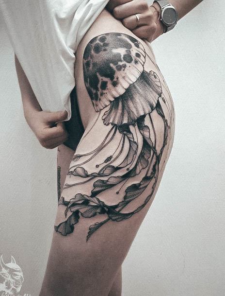 Decorative Hip Tattoo On Female Jellyfish