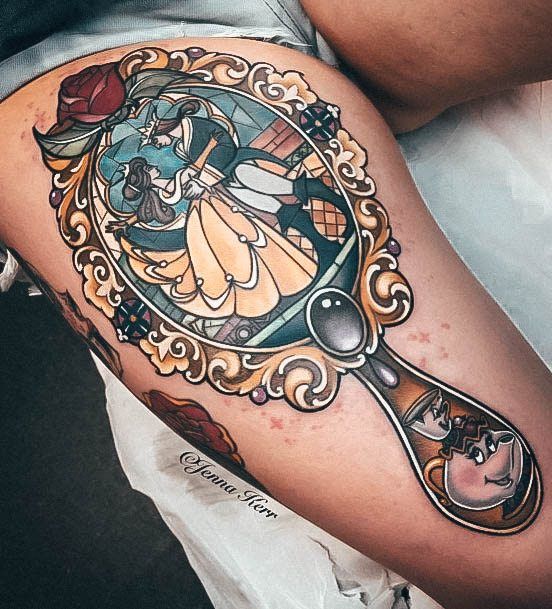 Decorative Looks For Womens Girly Tattoo Mirror Beauty And The Beast Themed Thigh