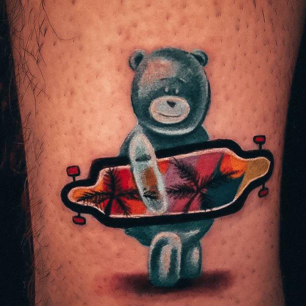 Decorative Looks For Womens Gummy Bear Holding Skateboard Leg Tattoo