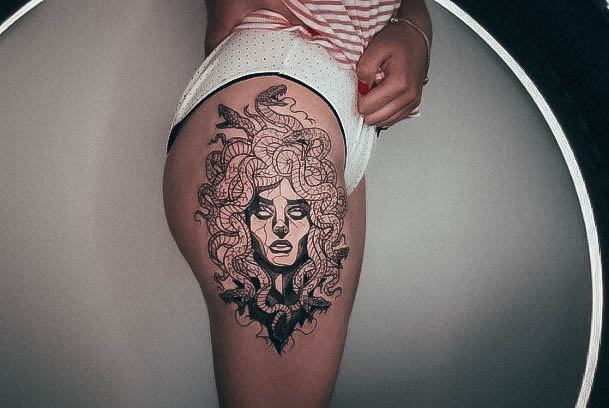 Decorative Looks For Womens Medusa Tattoo On Side Thigh