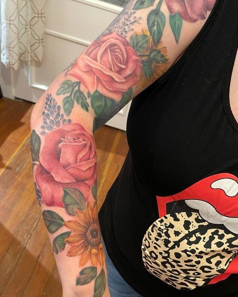 Decorative Looks For Womens Rose Sleeve Tattoo