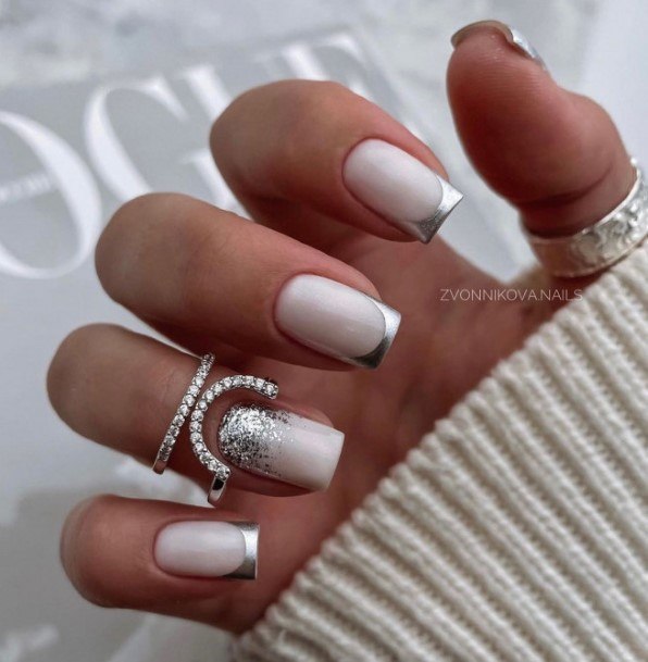 french tip nails with silver line