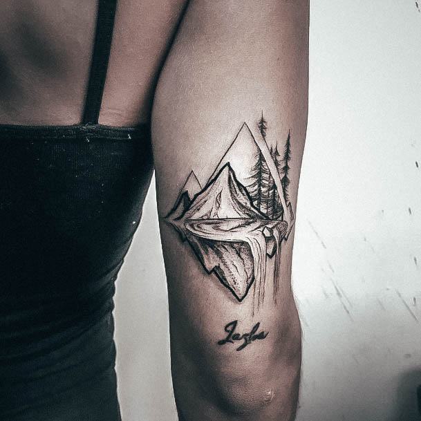 Decorative Mountain Tattoo On Female Tricep Waterfall