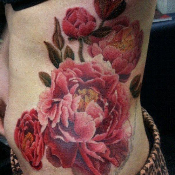 Decorative Peony Tattoo On Female Rib Cage Realistic 3d