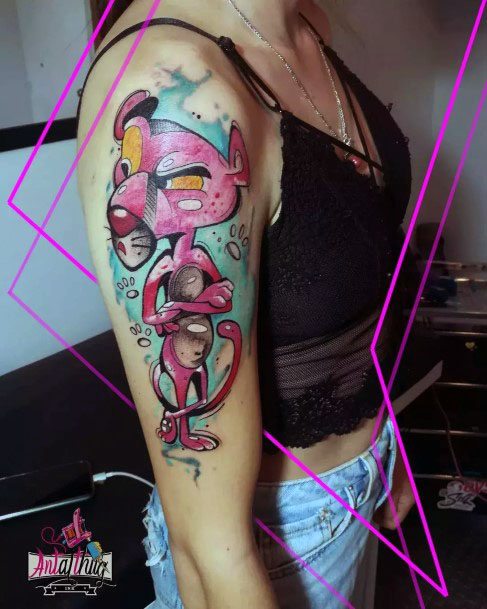 Decorative Pink Panther Tattoo On Female