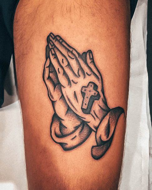 Decorative Praying Hands Tattoo On Female Traditional