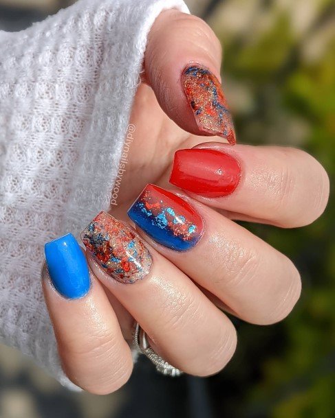 Decorative Red And Blue Nail On Female