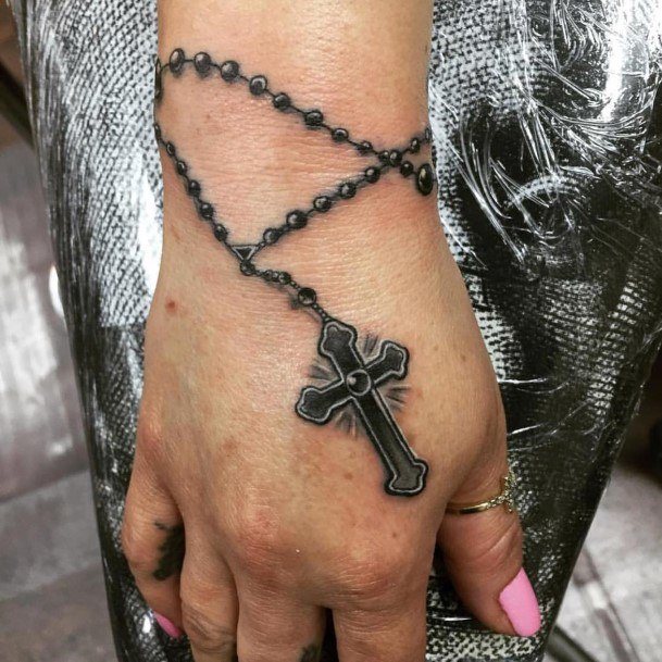 Decorative Rosary Tattoo On Female Small Hand