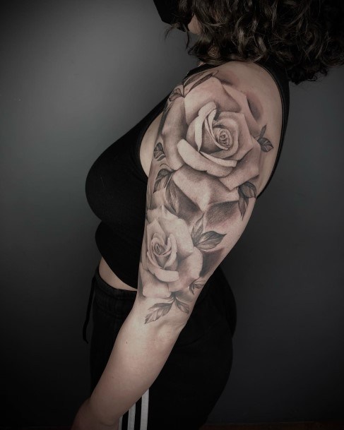 Decorative Rose Shoulder Tattoo On Female