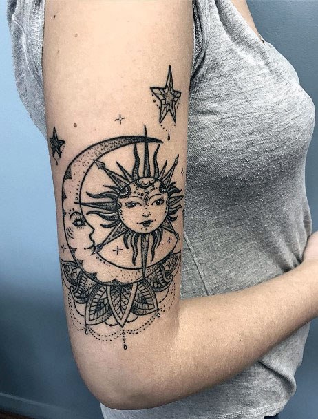 Decorative Star Sun And Moon Tattoo Womens Arms