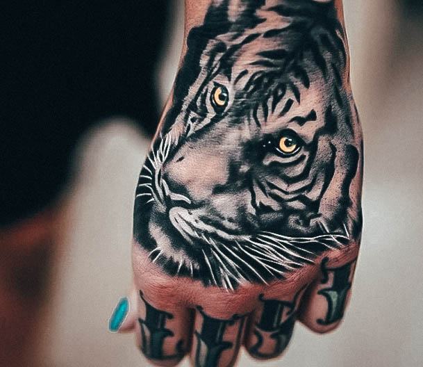 Decorative Tiger Tattoo On Female Hands