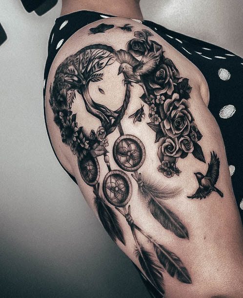 Decorative Tree Of Life Tattoo On Female Arm With Dream Catcher Design