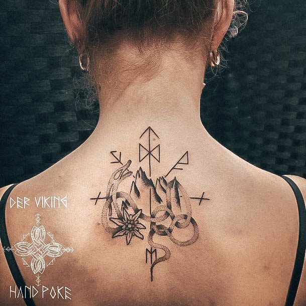 Decorative Viking Tattoo On Female Upper Back