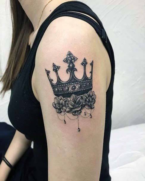 Deep Grey Designer Crown Tattoo Womens Upper Arms