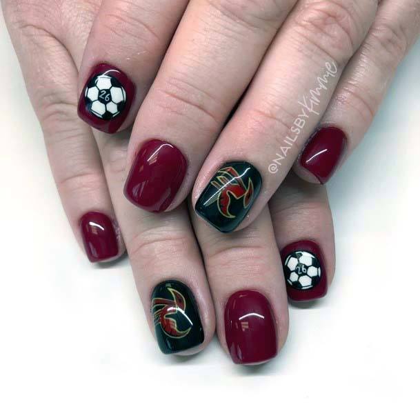 Deep Maroon And Black Sport Nail For Women