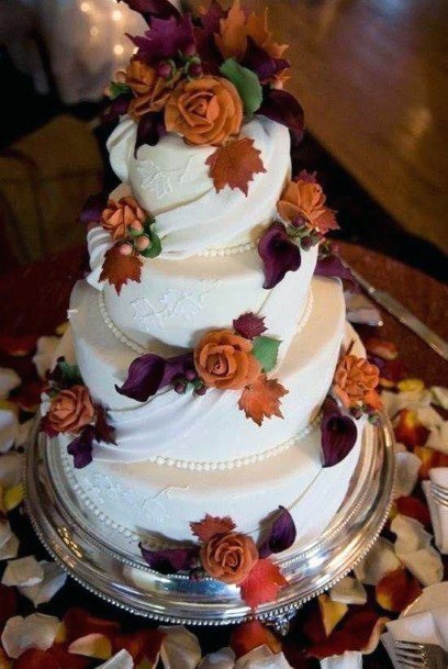 Delectable White Wedding Cake Autumn Floral Design October Ideas