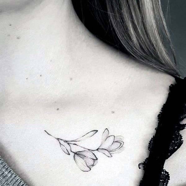 Delicate Grey Flower Tattoo Womens Collarbone