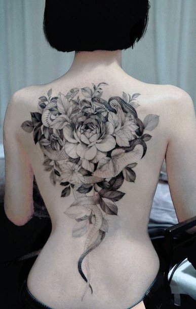 Delicate Grey Flowers And Snake Tattoo Womens Back