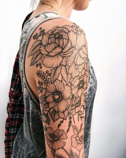 Delicate Grey Flowers Tattoo Womens Half Sleeve