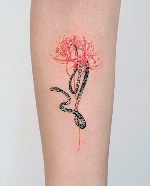 Delicate Orange Plant And Snake Tattoo For Women Art