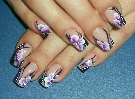 Delicate Pink And Black Orchid Nails