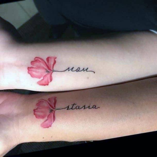 Delicate Pink Flower Mother Daughter Tattoo Forearms