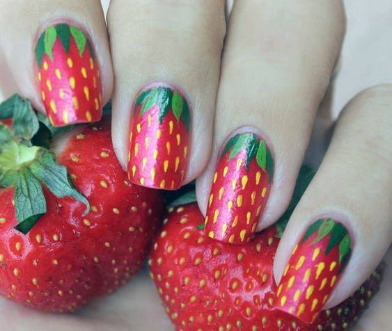 Delicious Red Strawberry Nail Design For Girls