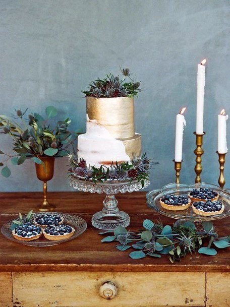 Delicious Stunning Gold White Cake Green Leaves White Candles Winter Wedding
