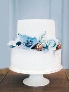 Delicious Stunning Winter White Baby Blue Floral Decoration Wedding Cake Inspiration