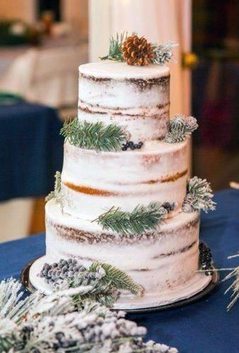Delicious Winter Snowy Evergreen Pinecone Wedding Cake Ideas Gold Decoration