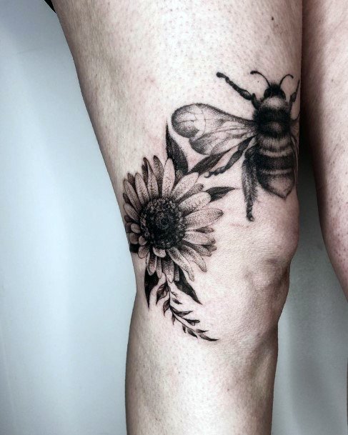 Delightful Floral And Bee Tattoo Womens Thighs Realistic