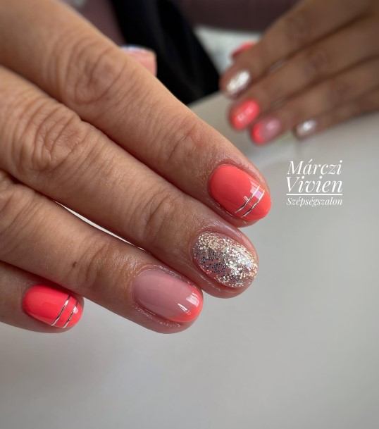 Delightful Nail For Women Peach With Glitter Designs