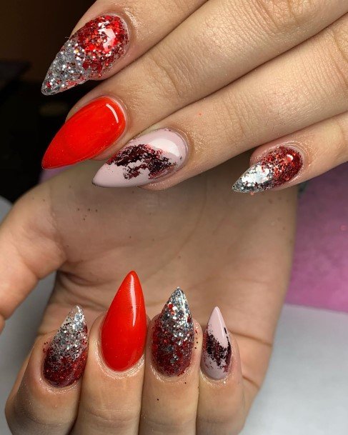 Delightful Nail For Women Red And Silver Designs