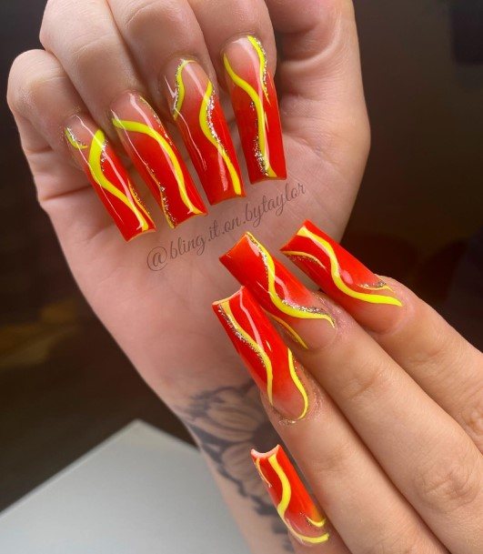 Delightful Nail For Women Red And Yellow Designs