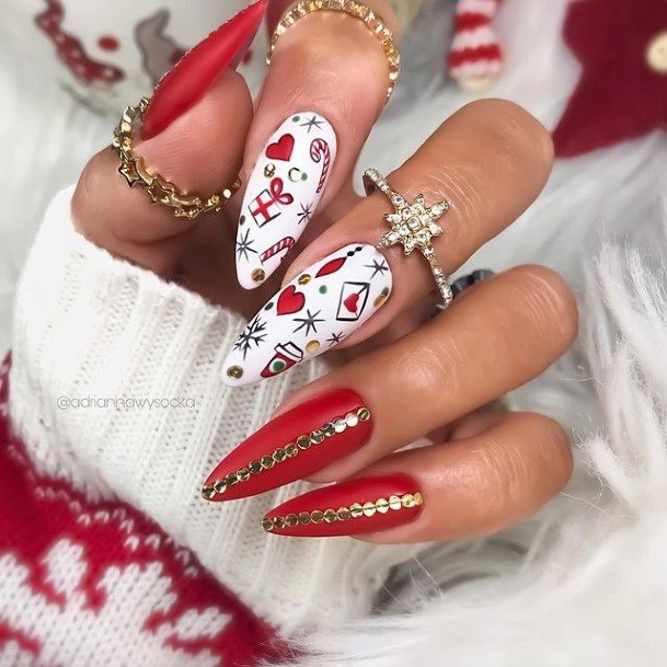 Delightful Nail For Women Red With Diamond Rhinestones Designs