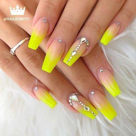 Delightful Nail For Women Yellow With Diamonds Designs