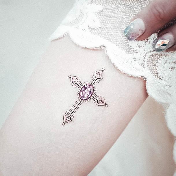 Delightful Tattoo For Women Gem Designs Cross Pink Stone Arm