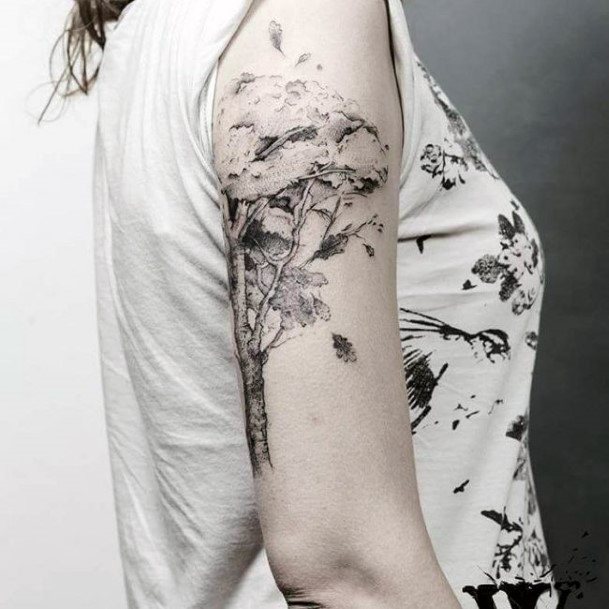 Desolate Grey Tree Tattoo Womens Half Sleeve