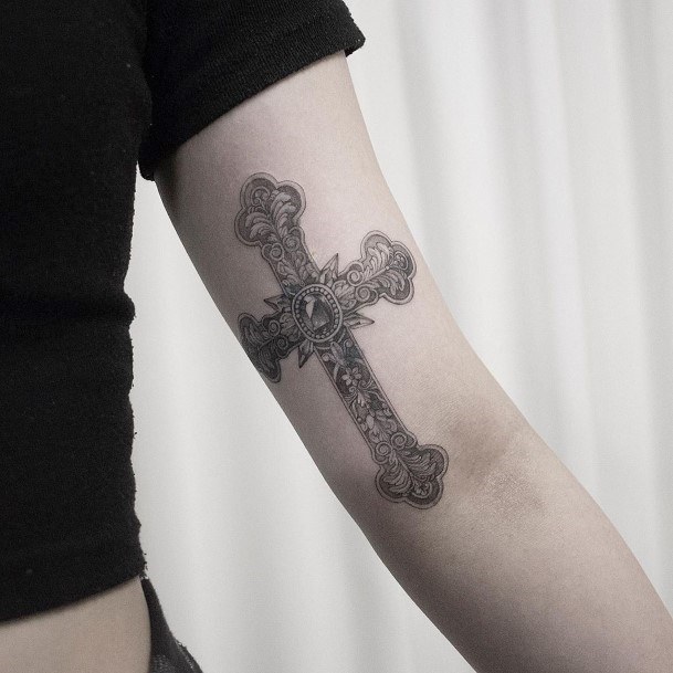 Detailed Art Cross Tattoo Womens Forearms