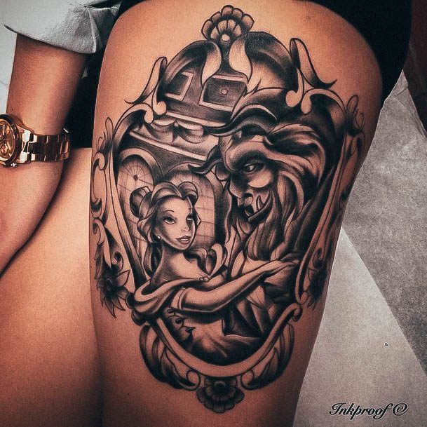 Detailed Black And Grey Thigh Feminine Tattoos For Women Beauty And The Beast